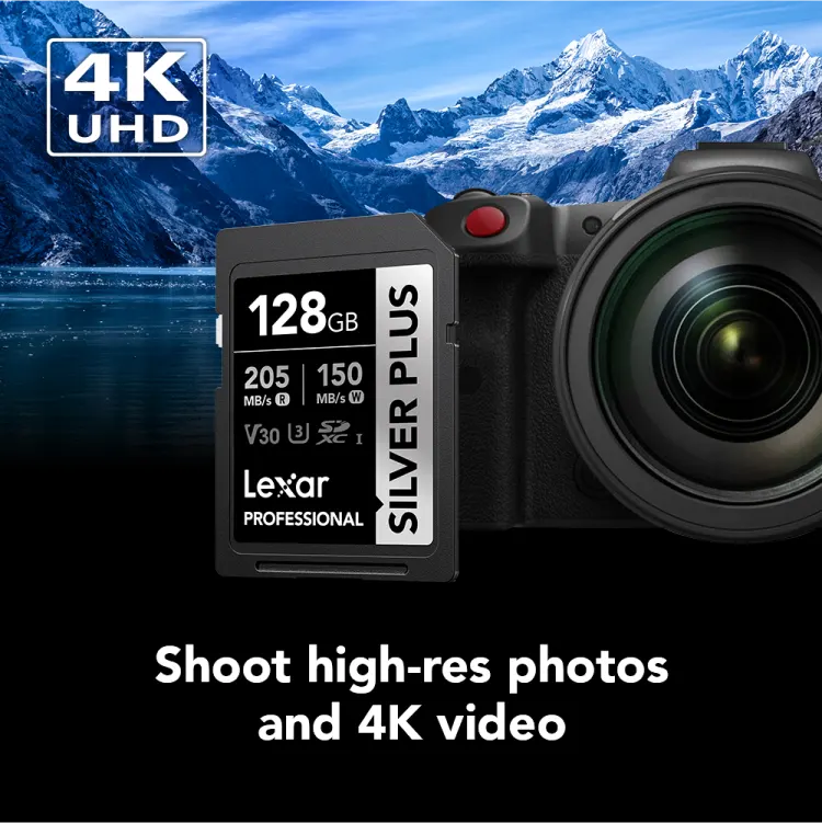 Lexar Professional Silver Plus SD Card, 128GB, SDXC™ UHS-I Type, V30 Rating, Read Speed ​​up to 205MB-s, LSDSIPL128G-BNNNG