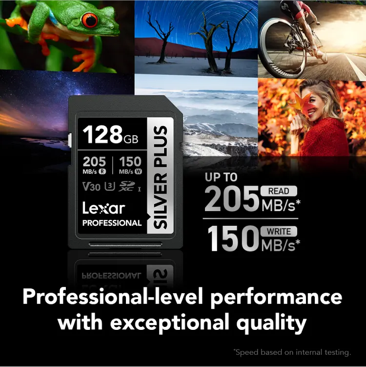 Lexar Professional Silver Plus SD Card, 128GB, SDXC™ UHS-I Type, V30 Rating, Read Speed ​​up to 205MB-s, LSDSIPL128G-BNNNG