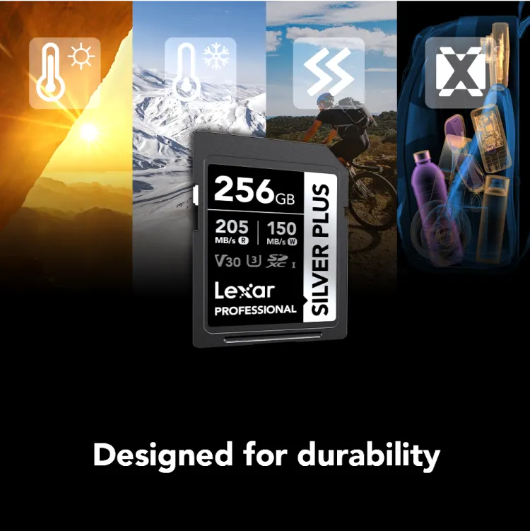 Lexar Professional Silver Plus SD Card, 256GB, SDXC™ UHS-I Type, V30 Rating, Read Speed ​​up to 205MB-s, LSDSIPL256G-BNNNG