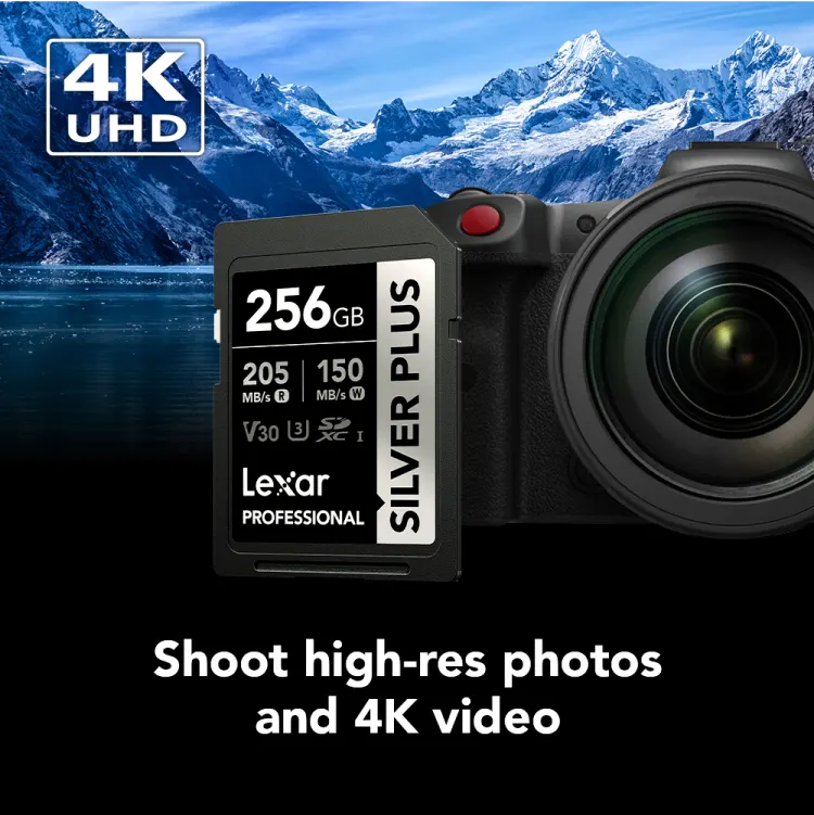 Lexar Professional Silver Plus SD Card, 256GB, SDXC™ UHS-I Type, V30 Rating, Read Speed ​​up to 205MB-s, LSDSIPL256G-BNNNG