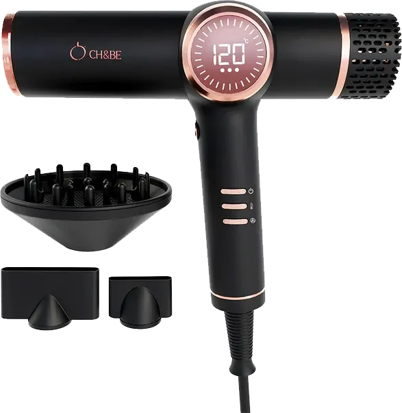 Cherry & Berry Sleek Blow Dryer, Digital Display, 3 Heat Settings up to 120°C, Multiple Attachments, Black