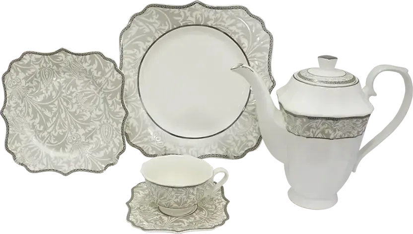 King Size Square China Set, White And Grey, 111 Pieces, Lm-06