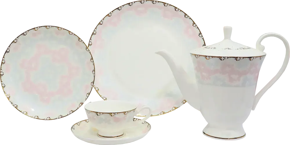 Round Chinese Set, White With Pink Gobled Frame, 111 Pieces, 12762