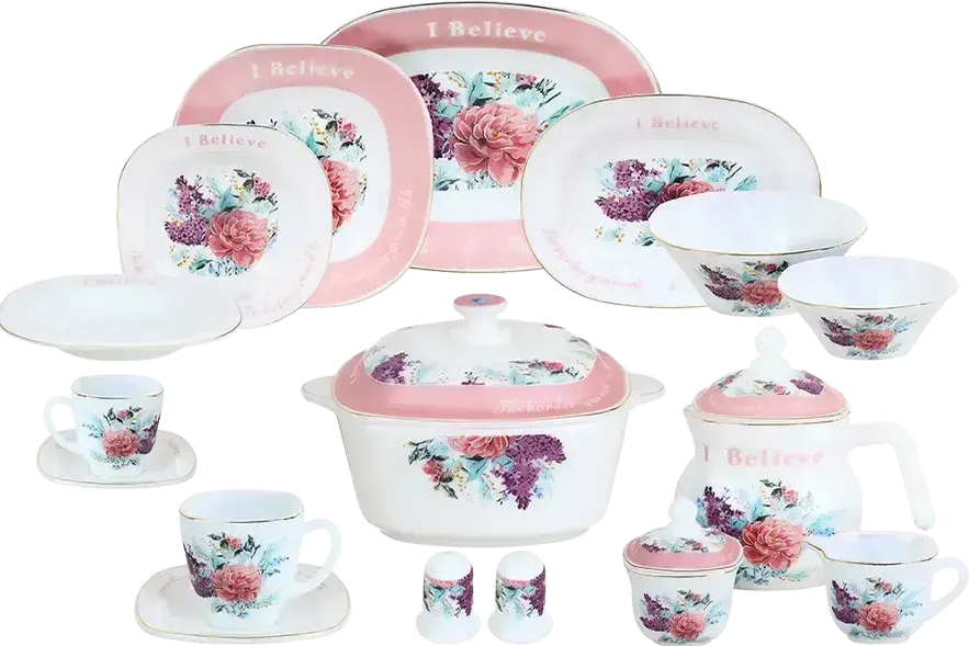 Arcopal Thai Dinner Set, 58 Pieces, White and Pink