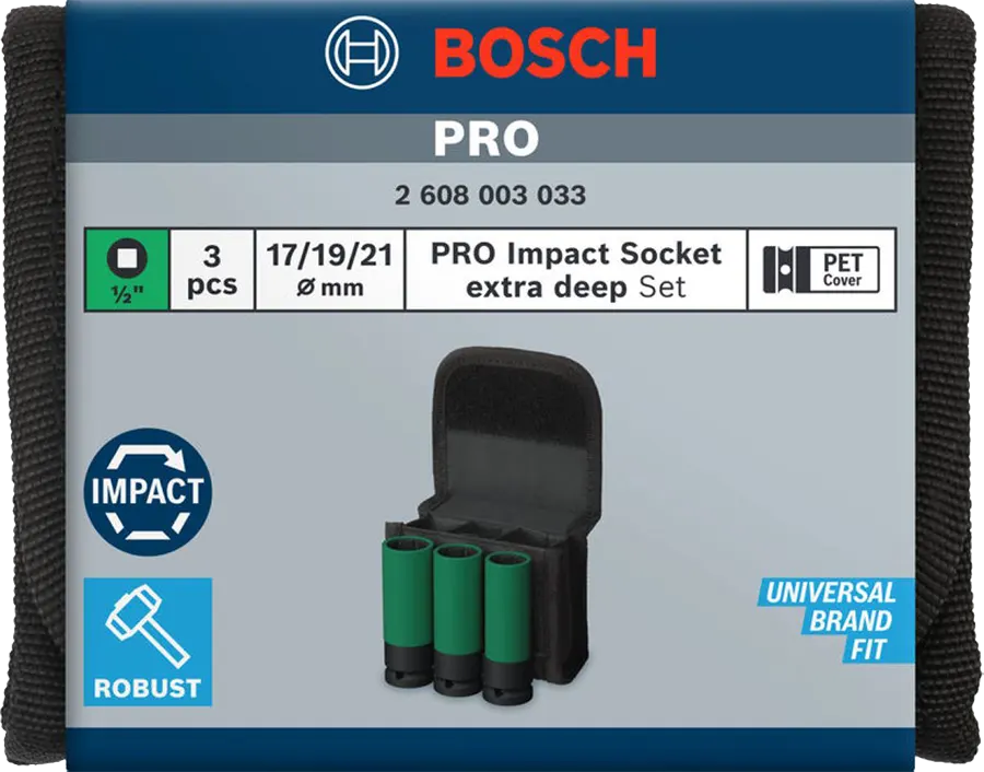 Bosch Pro Deep Impact Socket Set, 21-17mm, 3 Pieces, 2 608 003 033