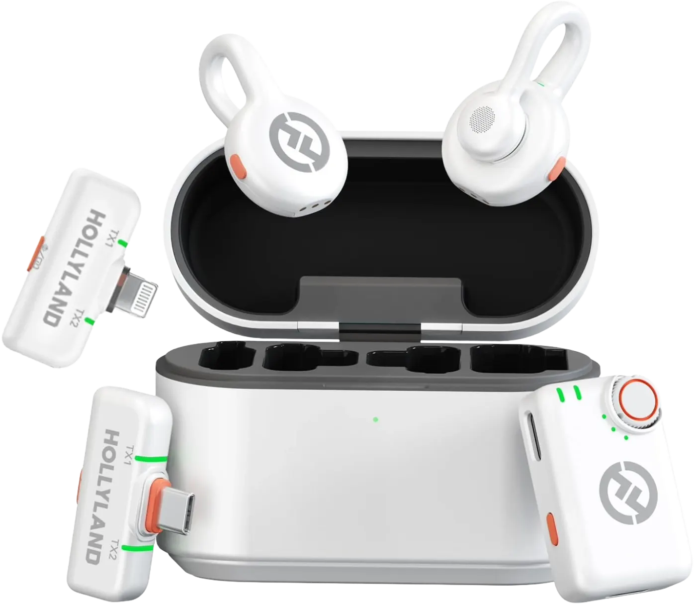 Hollyland Lark Ultimate Combo Wireless Condenser Microphone, 48kHz, 24-bit, 2 Omnidirectional Microphones, Type-C, Lightning, and TRS Receivers, 300m Transmission Range, 2 Levels of Noise Cancellation, White, M2S