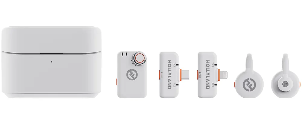 Hollyland Lark Ultimate Combo Wireless Condenser Microphone, 48kHz, 24-bit, 2 Omnidirectional Microphones, Type-C, Lightning, and TRS Receivers, 300m Transmission Range, 2 Levels of Noise Cancellation, White, M2S