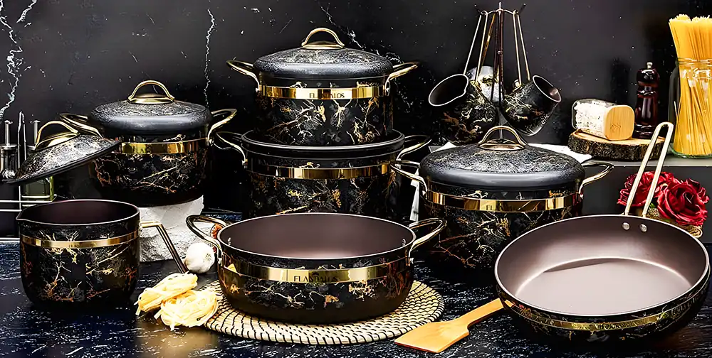 Al-Andalos Galaxy Granite Cookware Set, 16 Pieces, Coffee Pot Set, Black and Gold Color