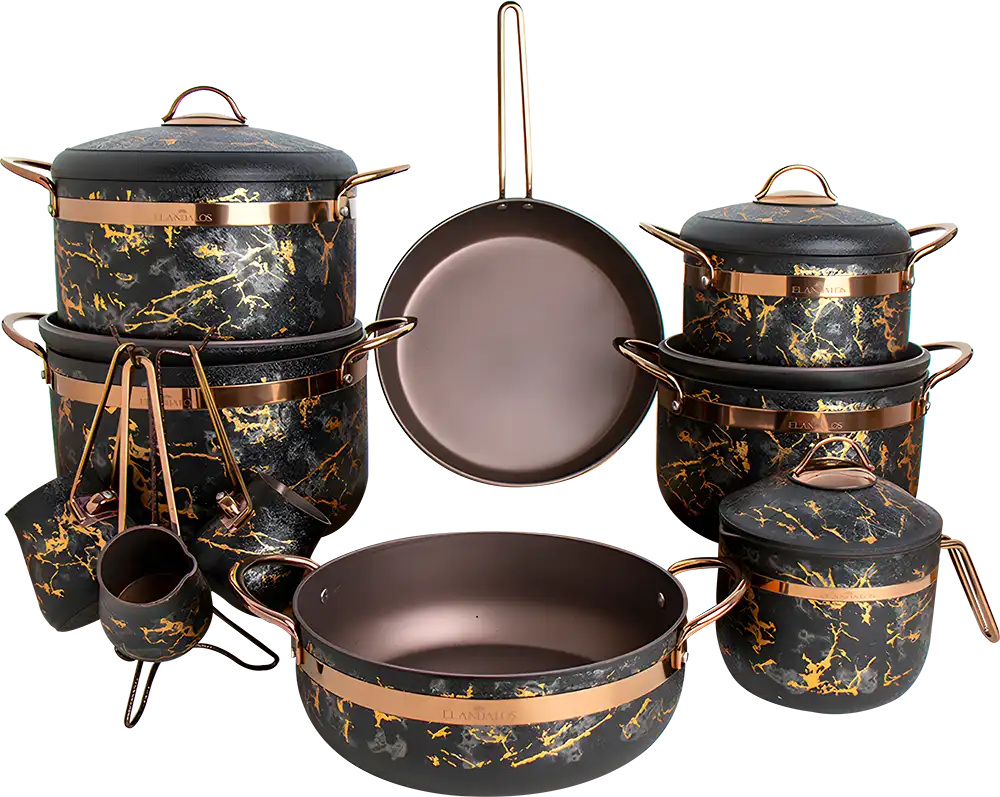 Al-Andalos Galaxy Granite Cookware Set, 16 Pieces, Coffee Pot Set, Black and Gold Color