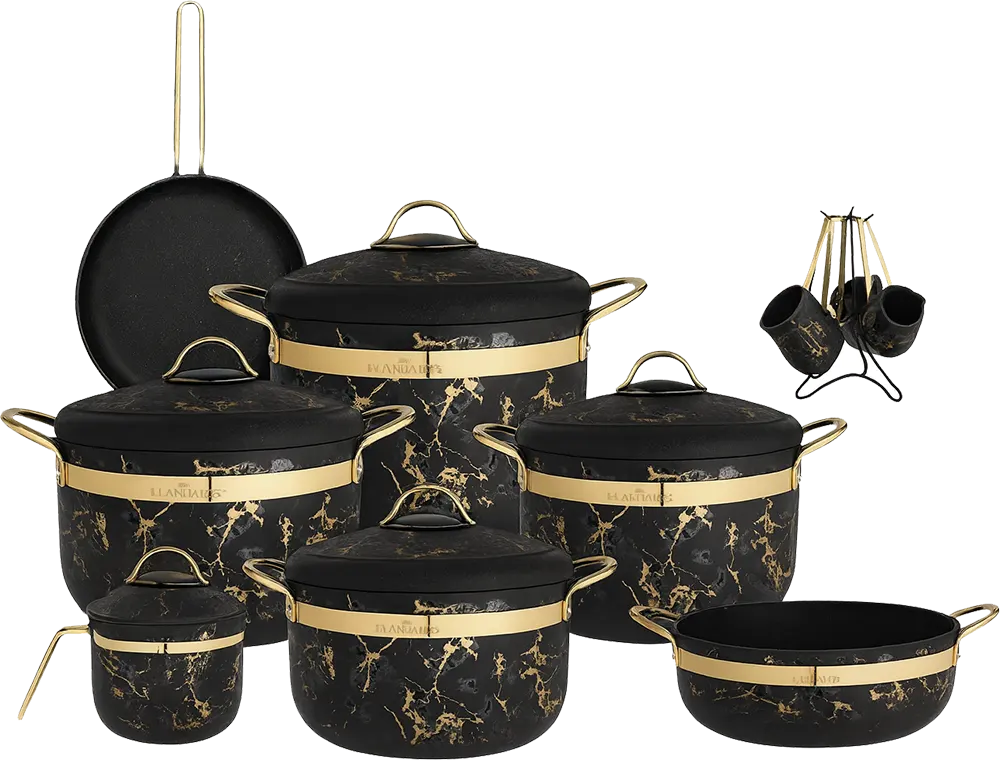 Al-Andalos Galaxy Granite Cookware Set, 16 Pieces, Coffee Pot Set, Black and Gold Color
