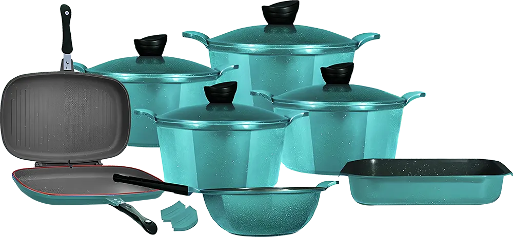 Glory 13-Piece Granite Cookware Set, Hexagonal Shape, Double Grill, Green Color