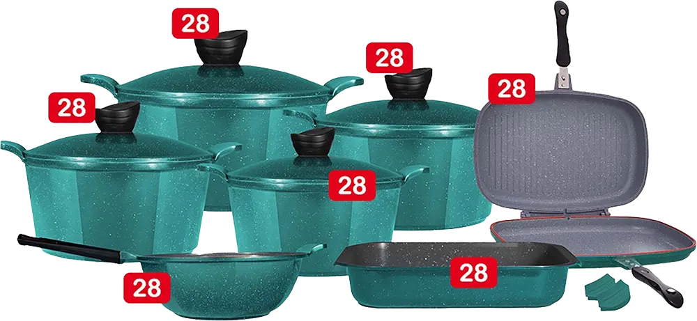 Glory 13-Piece Granite Cookware Set, Hexagonal Shape, Double Grill, Green Color