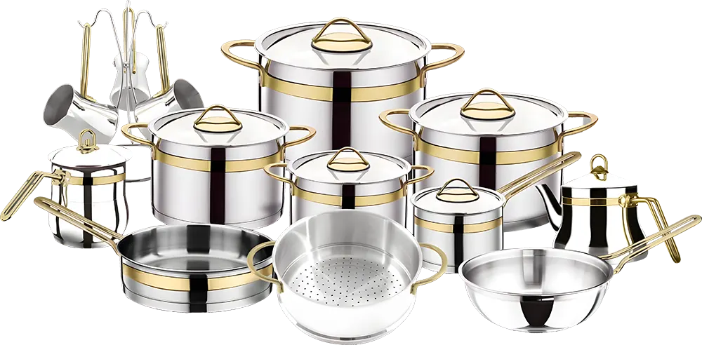 Al-Andalos Stainless Steel Cookware Set, 21 Pieces, Insulated Handles, Silver-Gold Color