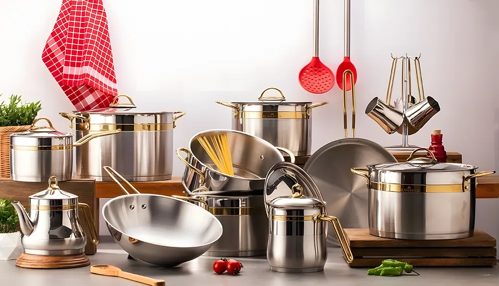 Al-Andalos Stainless Steel Cookware Set, 21 Pieces, Insulated Handles, Silver-Gold Color