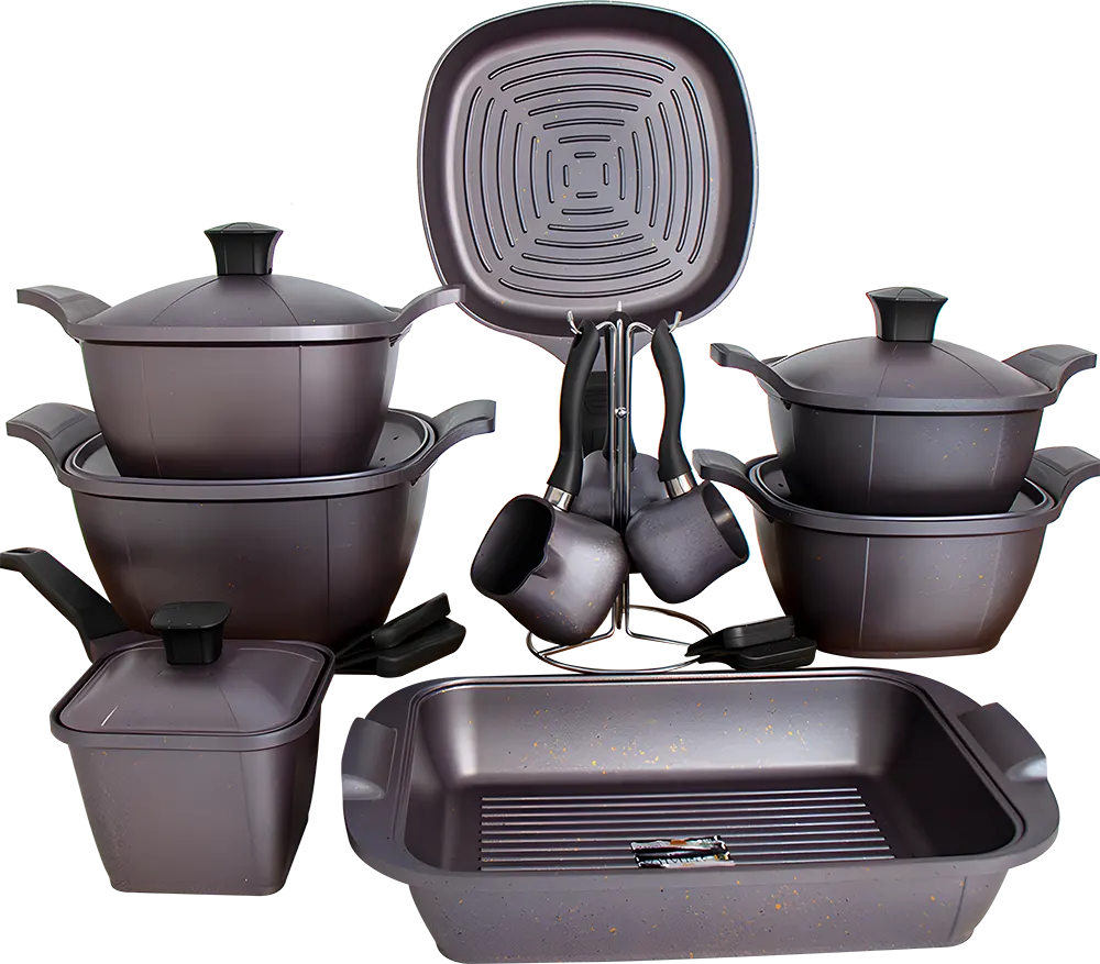 Al -Andalos Matrix Granite Cookware Set, 16 Pieces with Sofa Set, Glossy Black