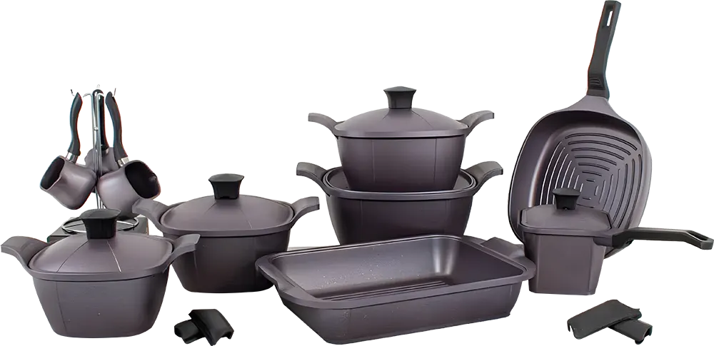 Al -Andalos Matrix Granite Cookware Set, 16 Pieces with Sofa Set, Glossy Black