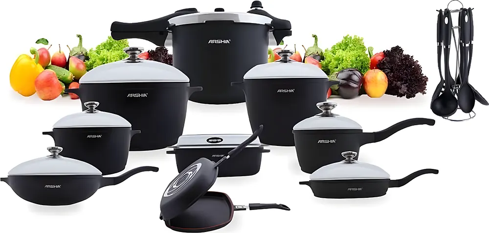 Arshia 18-Piece Granite Cookware Set, With Serving Set And Pressure Cooker, Black Color