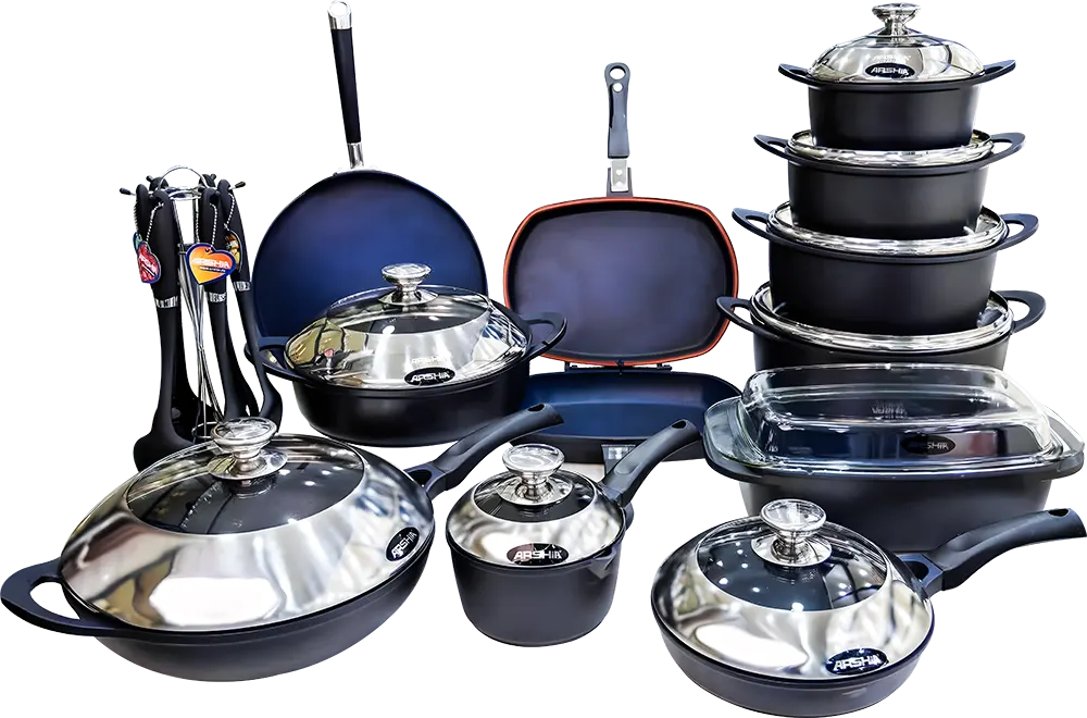 Arshia 18-Piece Granite Cookware Set, With Serving Set And Pressure Cooker, Black Color