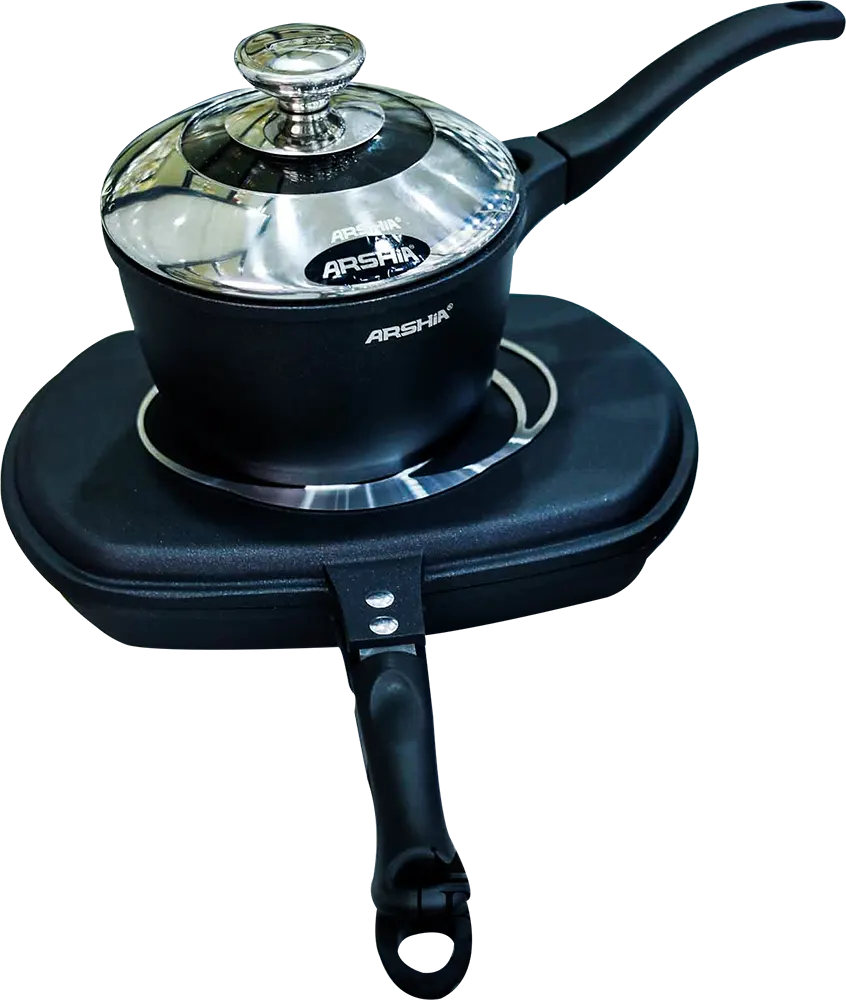 Arshia 18-Piece Granite Cookware Set, With Serving Set And Pressure Cooker, Black Color