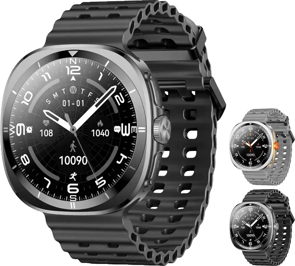 ساعة ريتشي الذكية، بلوتوث 5.2، شاشة لمس أموليد 1.43 بوصة، حزام فضي أضافي، مقاومة للماء، بطارية 300 مللي أمبير، أسود، RA40