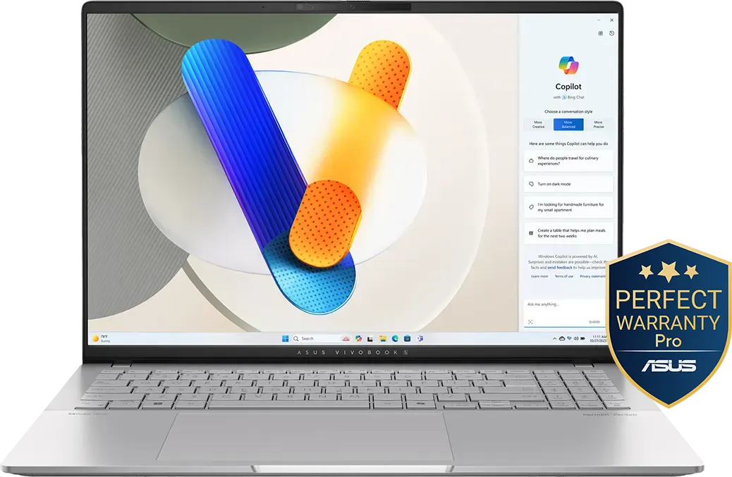 Laptop Asus VivoBook S16 OLED M5606KA-RI417W AMD Ryzen AI 7-350, 24GB RAM, 1TB SSD Hard Disk, AMD Radeon Integrated Graphics Card, 16.0" 3K OLED Display, Windows 11 Home, Cool Silver