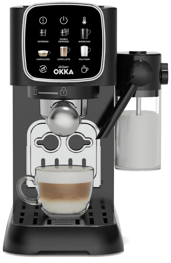 OKKA SOLO M Espresso Machine, 15 Bar, 1.1 Litre, 2 Cups, Touchscreen, Silver x Black, OK0032-0500