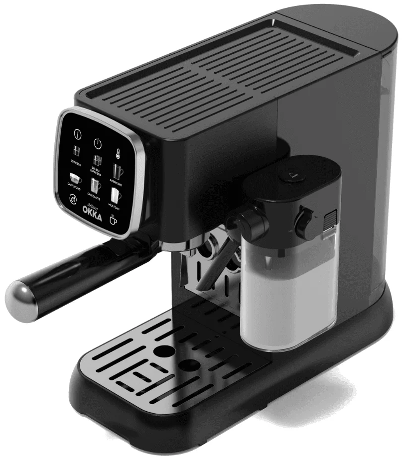 OKKA SOLO M Espresso Machine, 15 Bar, 1.1 Litre, 2 Cups, Touchscreen, Silver x Black, OK0032-0500