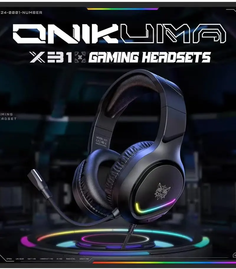 Onikuma Wired Gaming Headset, Surround Sound, RGB Lighting, Noise-Canceling Microphone, Black, X31