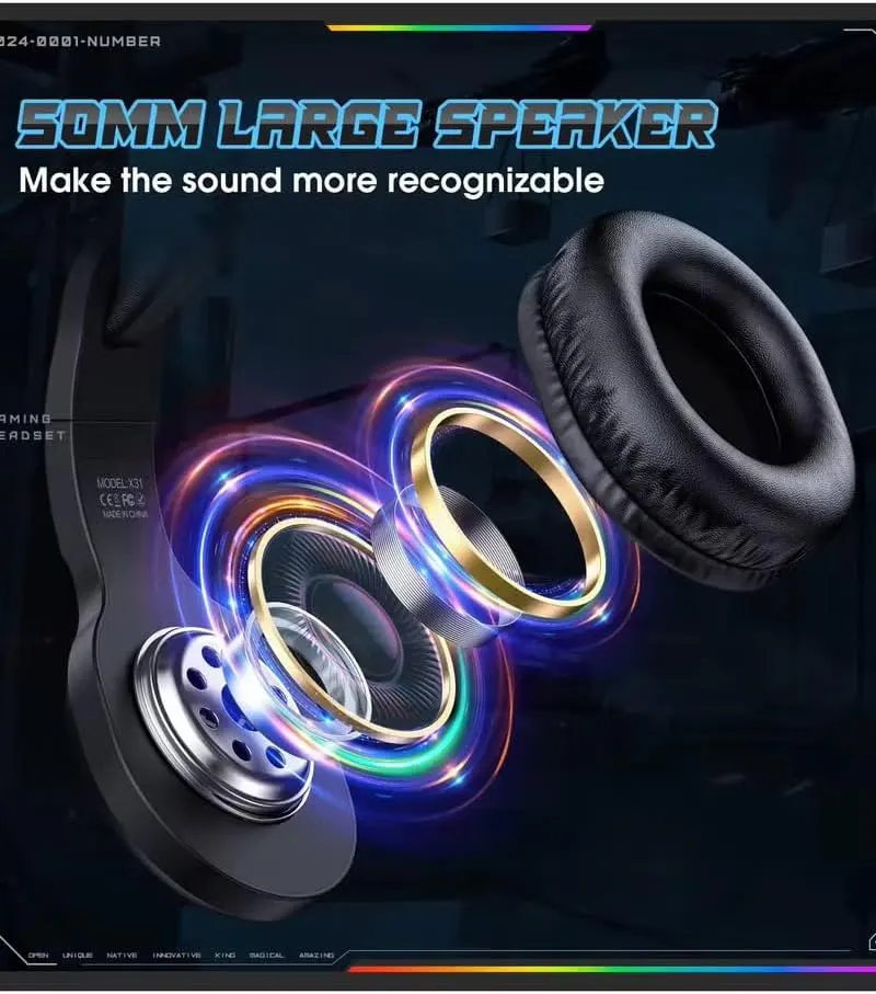 Onikuma Wired Gaming Headset, Surround Sound, RGB Lighting, Noise-Canceling Microphone, Black, X31