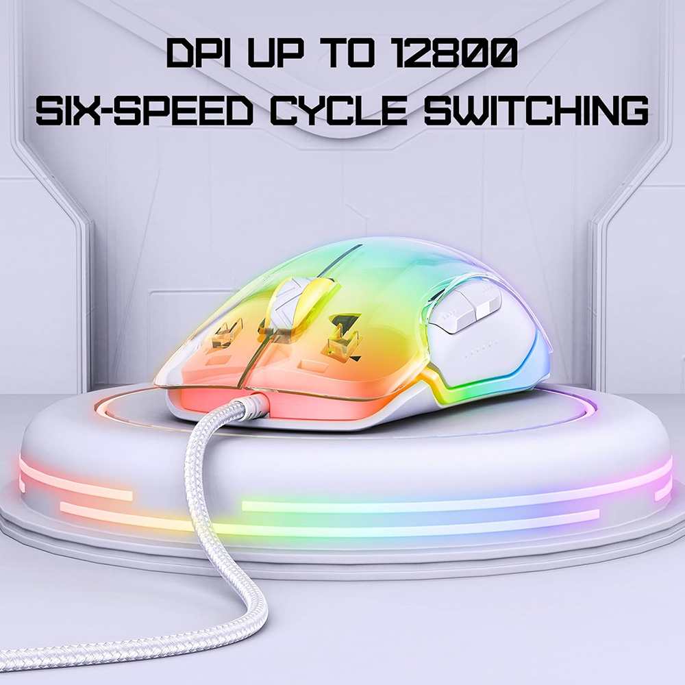 Onikuma Wired Gaming Mouse, 12800 DPI, RGB Backlit, Translucent White, CW925