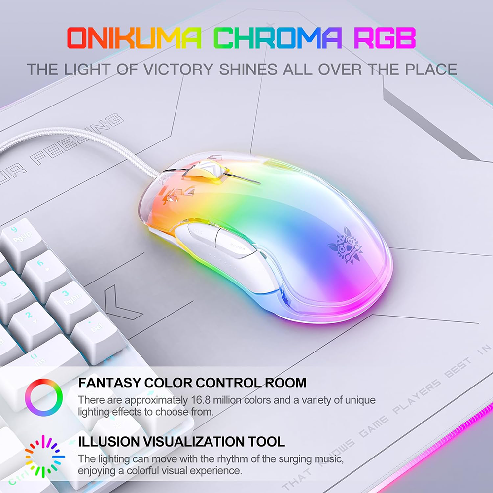 Onikuma Wired Gaming Mouse, 12800 DPI, RGB Backlit, Translucent White, CW925