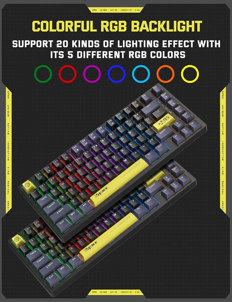Onikuma Mechanical Gaming Keyboard, 82 Keys, Blue Switches with RGB Backlighting, Black, G52