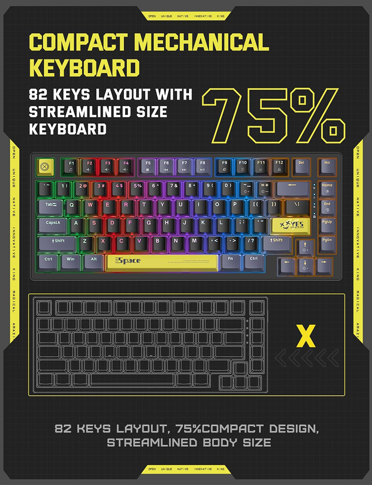 Onikuma Mechanical Gaming Keyboard, 82 Keys, Blue Switches with RGB Backlighting, Black, G52