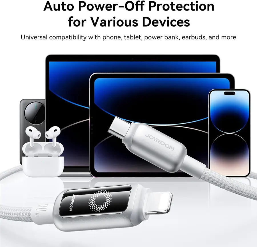 Joyroom Fast Charging and Data Transfer Cable with Auto Shut-Off, 30W, 1.2m, Type-C to Lightning, White, S-A55
