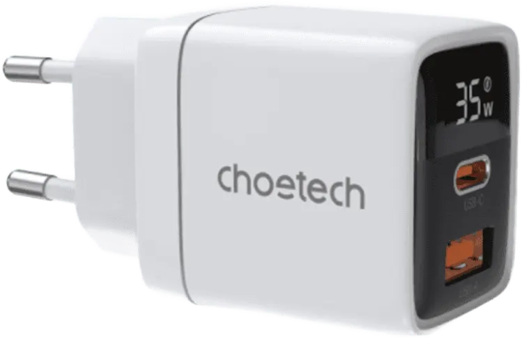 Choetech charger, 35W, 2 charging ports, digital display, white, PD6052-EU-WH