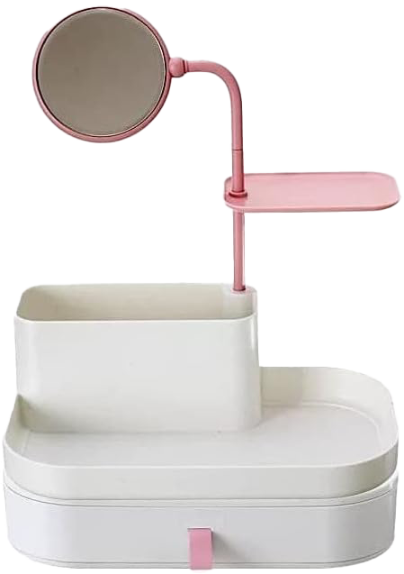 Makeup Organizer Plastic With Mirror, Largr , White
