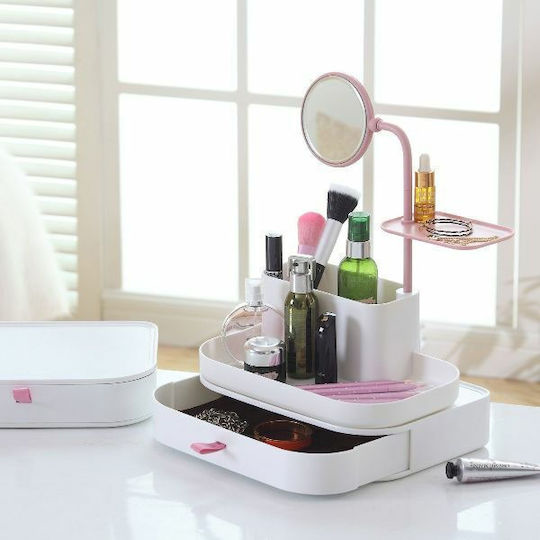 Makeup Organizer Plastic With Mirror, Largr , White