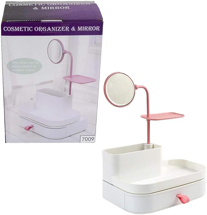 Makeup Organizer Plastic With Mirror, Largr , White