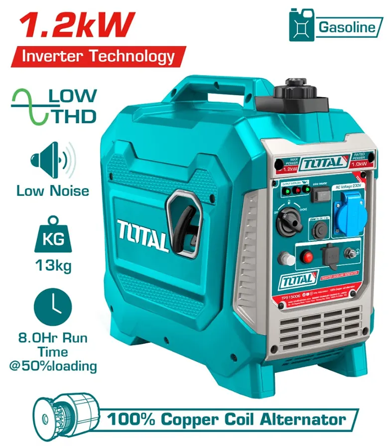 مولد توتال تولز ، 1.2 كيلو ، انفرتر صامت ، مخرج 12 فولت ، 2 مخرج Usb ، اوفر لود ، انذار زيت ، 15006