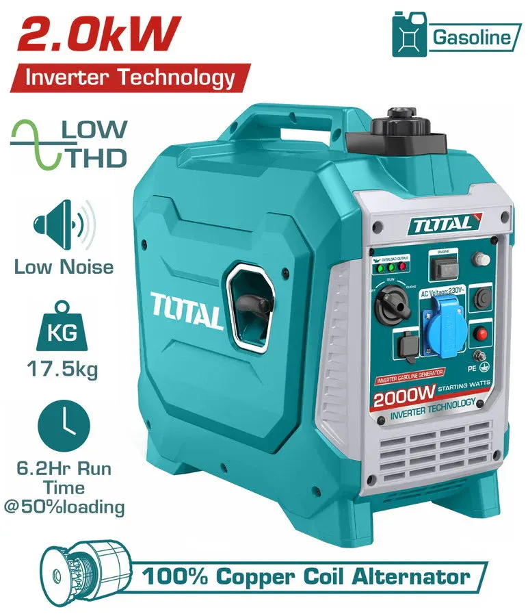 مولد توتال تولز ، 2 كيلو وات ، مخرج 12 فولت ، 2 مخرج Usb ، انفرتر صامت ، اوفر لود ، انذار زيت ، TP523006