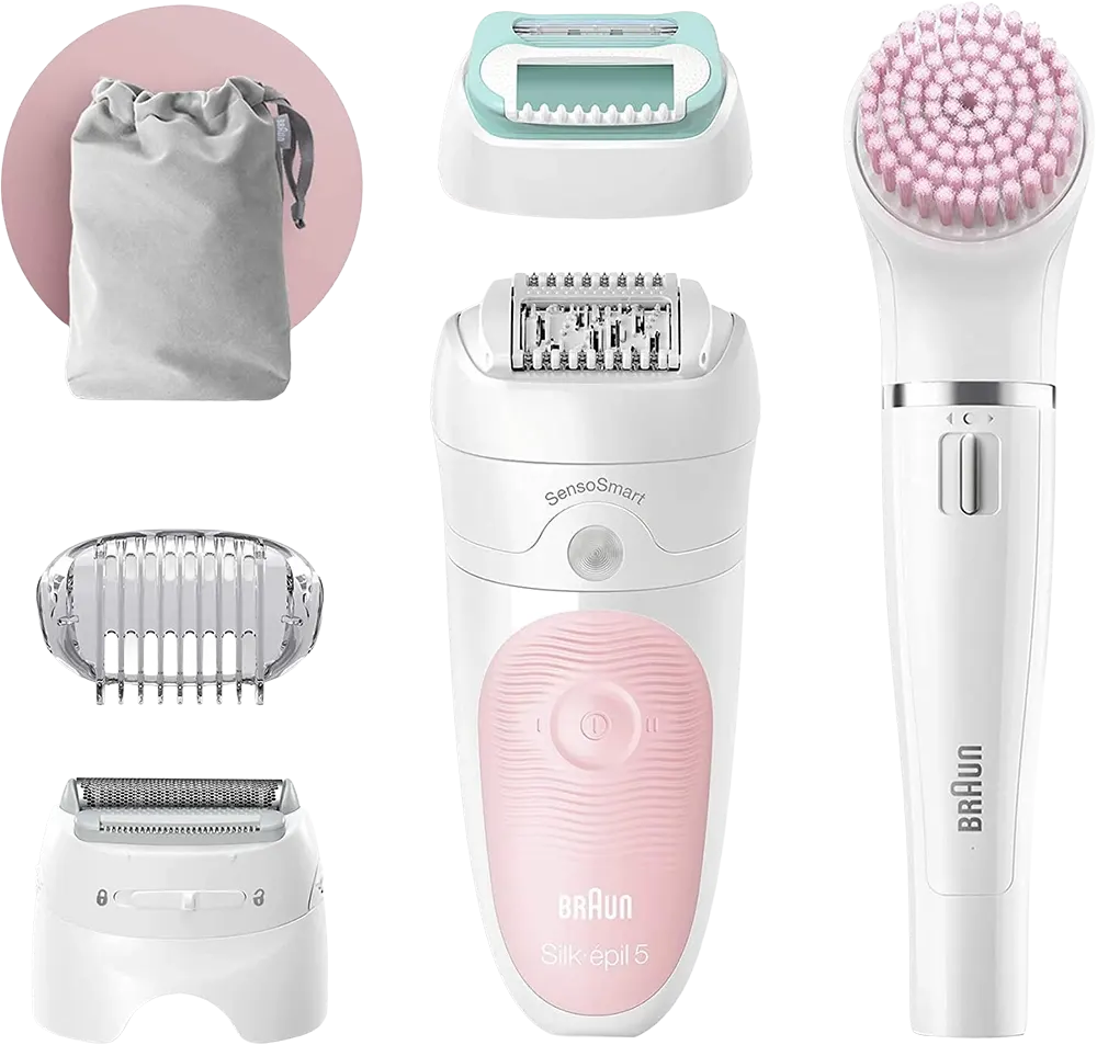ماكينة إزالة الشعر براون Silk-épil Beauty Set 5، استخدام لاسلكي 30 دقيقة، استخدام رطب وجاف، سرعتين، أبيض x بينك، SE5-875