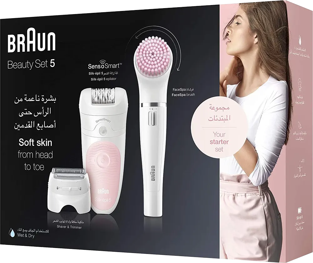 ماكينة إزالة الشعر براون Silk-épil Beauty Set 5، استخدام لاسلكي 30 دقيقة، استخدام رطب وجاف، سرعتين، أبيض x بينك، SE5-875