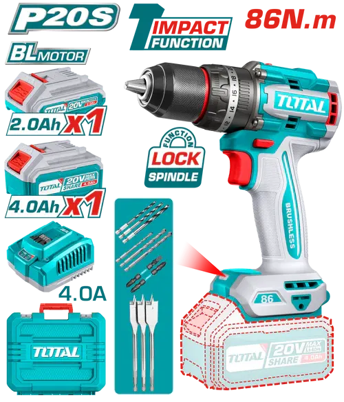 Total Tools 20V 86N Hammer Drill and Hammer Mill, with 2Ah and 4Ah batteries, and Total Charger, TIDLI20868