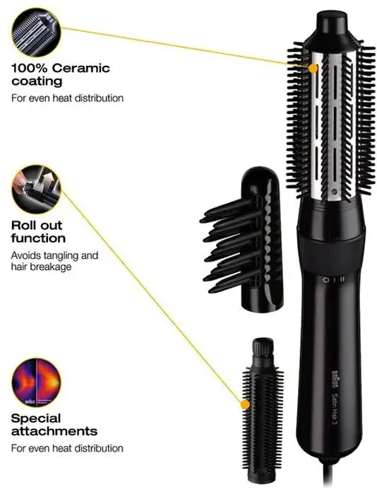 Braun Silk-épil Satin Hair 3 Styling Brush, 400W, Ceramic Coated Barrel, 2 Heat Settings, Black, AS-330E