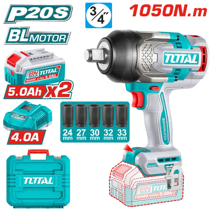 Total Tools Cordless Drill, 20V, 3-4 inch, 1050 Nm, with 2 x 5Ah Batteries and Charger, TIWLI20105