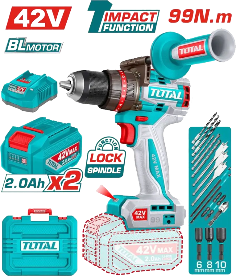 شنيور بطارية توتال تولز ، 42 فولت ، 99 نيوتن ، مع بطارية 2 أمبير ، وشاحن ، TIDLI429982