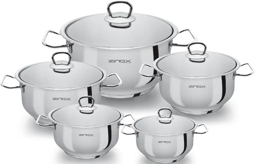 Zinox Smart Cookware Set, Stainless Steel, 10 Pieces, 5 Pots with Lids, Silver Color