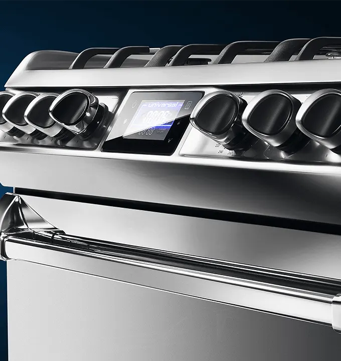 بوتاجاز يونيفرسال شارك سوفت، 5 شعلة، 60x90 سم، حوامل زهر، امان كامل، تايمر تاتش، مروحة فرن، شواية مع موتور، استانلس، 9605K