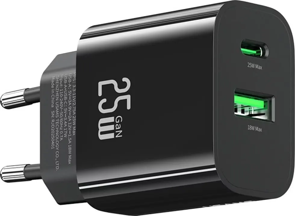 USAMS T65 Fast Charger, 25W Power, Dual Charging Ports, Black, CC315TC01