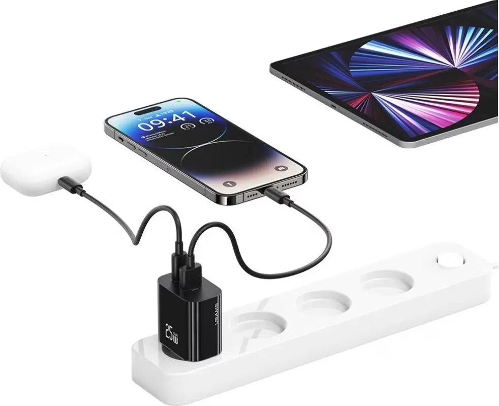 USAMS T65 Fast Charger, 25W Power, Dual Charging Ports, Black, CC315TC01